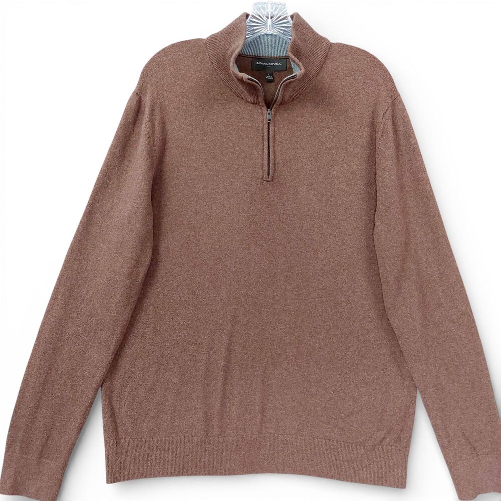 Banana Republic Mens Large Brown Quarter-Zip Sweater Cotton Silk Cashmere Blend